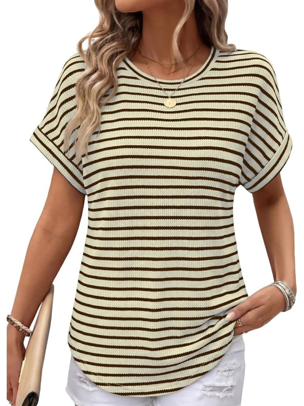 Women's Striped Beige Polyester Blend Short Sleeve V Neck Pull On Henley Shirts